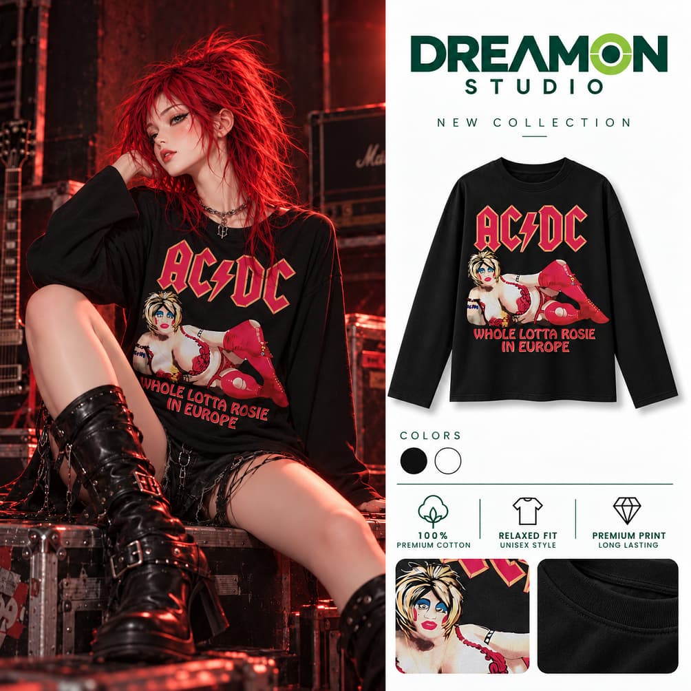 Áo thun dài tay Nam Nữ "AC/DC Whole Lotta Rosie" Áo Long Sleeve Oversize form rộng thoải mái