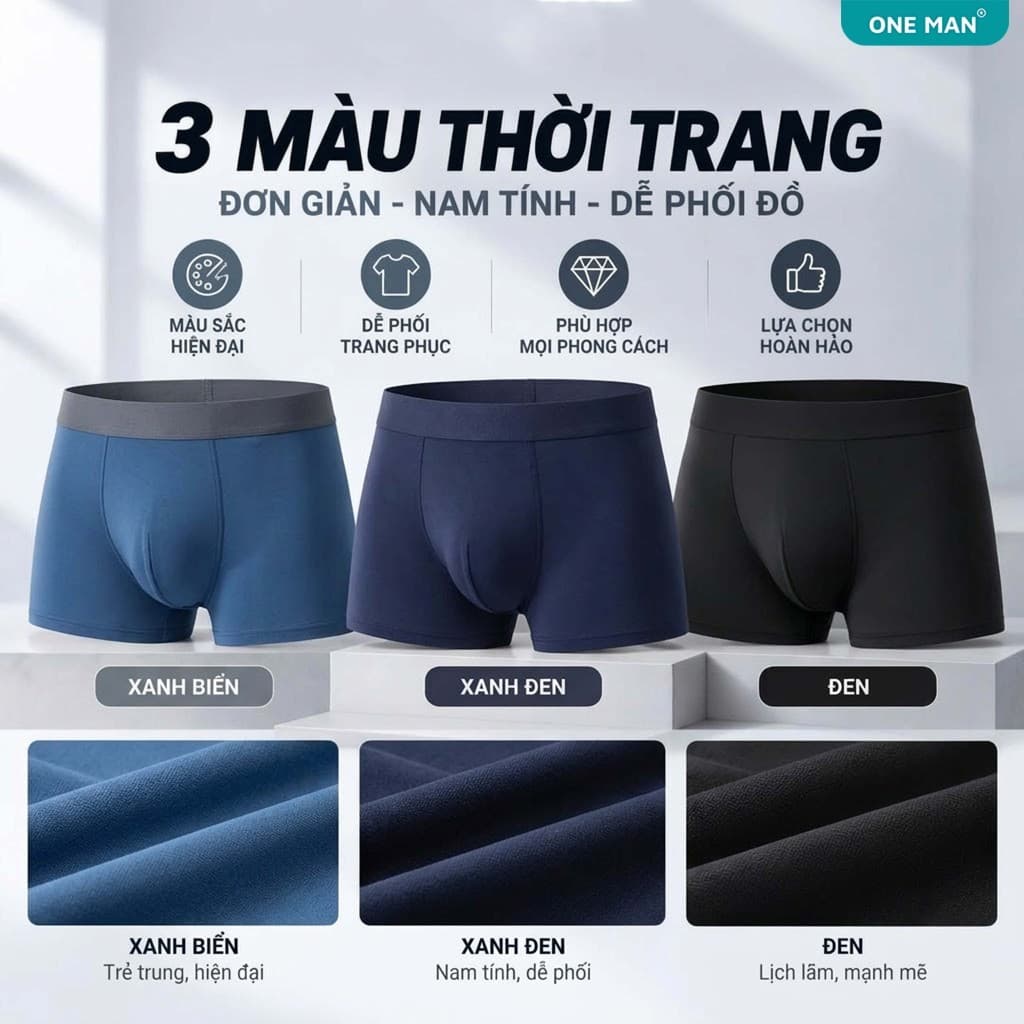 Combo 3 Quần Lót Nam ONE MAN Quần Boxer Chất Thun Lạnh Kháng Khuẩn Co Giãn 4 Chiều Thoải Mái Thấm Hút Mồ Hôi 3Q000