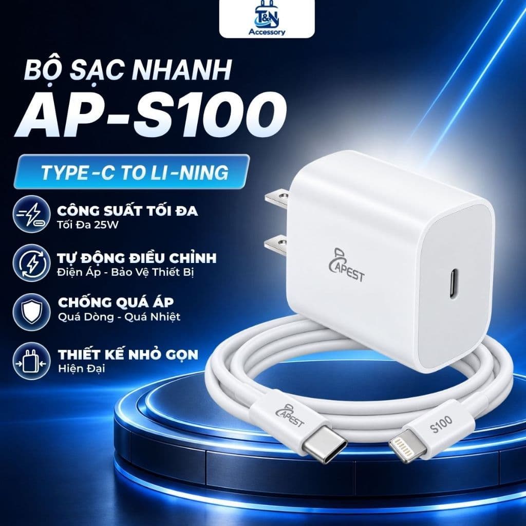 Bộ Sạc Nhanh 20W APEST AP-S100 Củ Sạc Chất Lượng EU Kèm Dây Type-C To Li-ninq Cho IP Bảo Hành 12 Tháng
