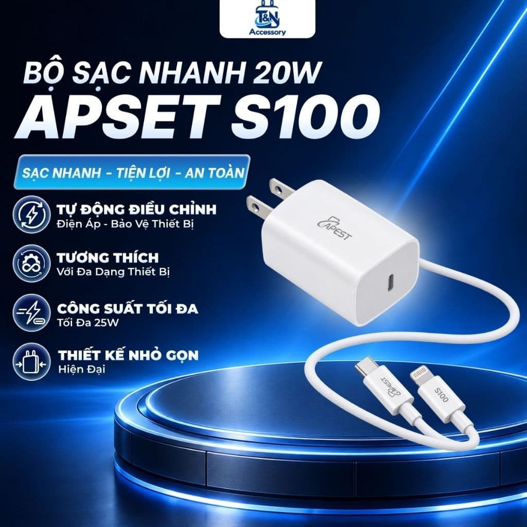 Bộ Sạc Nhanh APEST AP-S100 20W Củ Sạc Chuẩn EU Kèm Dây Type-C To Li-ninq Sạc Nhanh, An Toàn Bảo Hành 12 Tháng