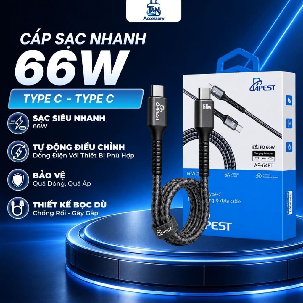 Cáp Sạc Nhanh 66W Apest AP-64PT Type C to type C Dây Bọc Dù Chống Rối, Chống Cháy Dài 1M, An Toàn Khi Sạc Qua Đêm