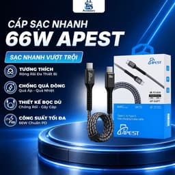 Cáp Sạc Nhanh 66W Apest AP-64PT Type C To Type C 1M Dây Bọc Dù Cao Cấp Chống Rối, Chống Cháy An Toàn Khi Sạc Qua Đêm 1