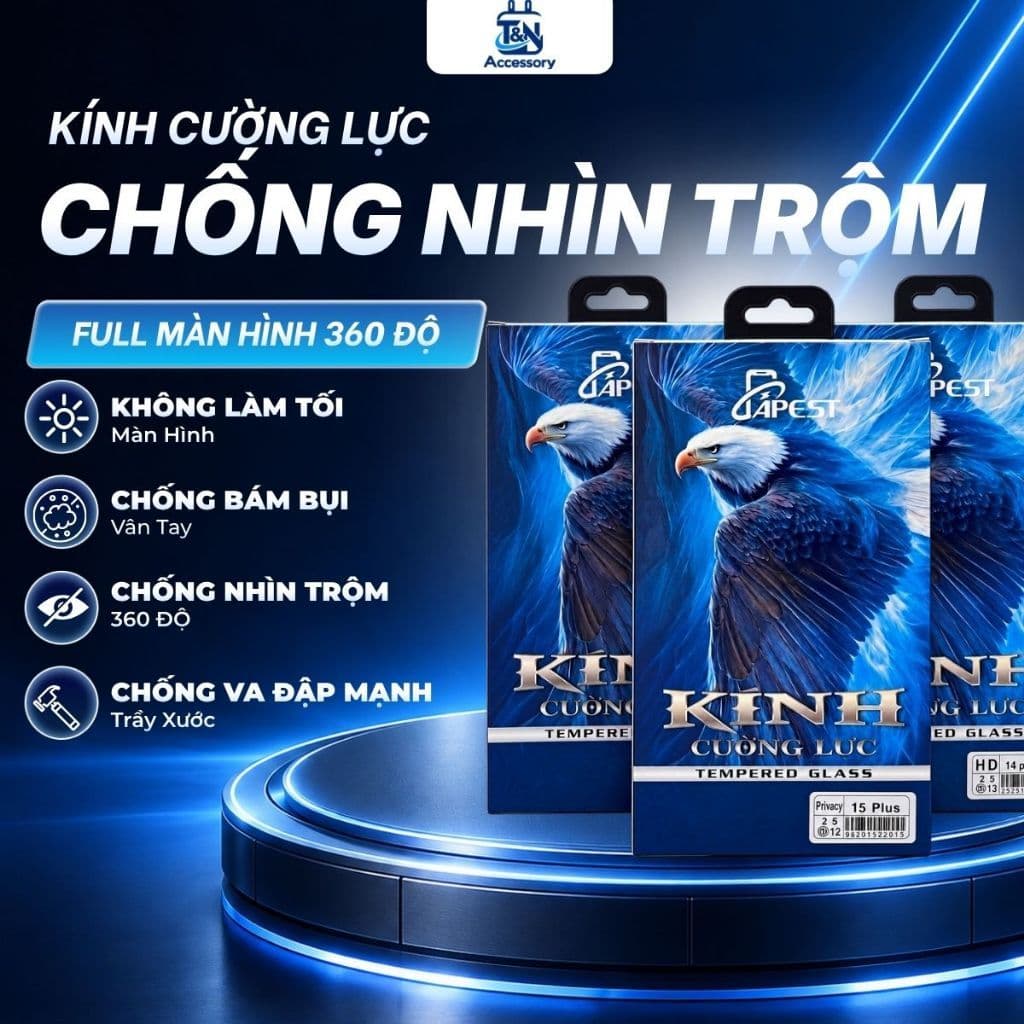 Kính Cường Lực IP Apest Chống Bám Vân Tay, Chống Nhìn Trộm Full Màn Hình Cho IP 11 12 13 14 15 16 17 Pro ProMax