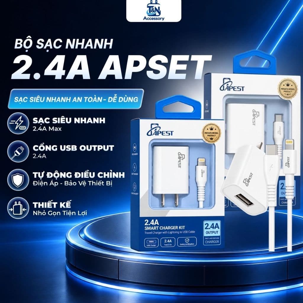 Bộ Sạc tiêu chuẩn 2.4A APEST Kèm Cáp Sạc Cho Điện Thoại Cao Cấp, Tiện Lợi, An Toàn Bảo Hành 12 Tháng