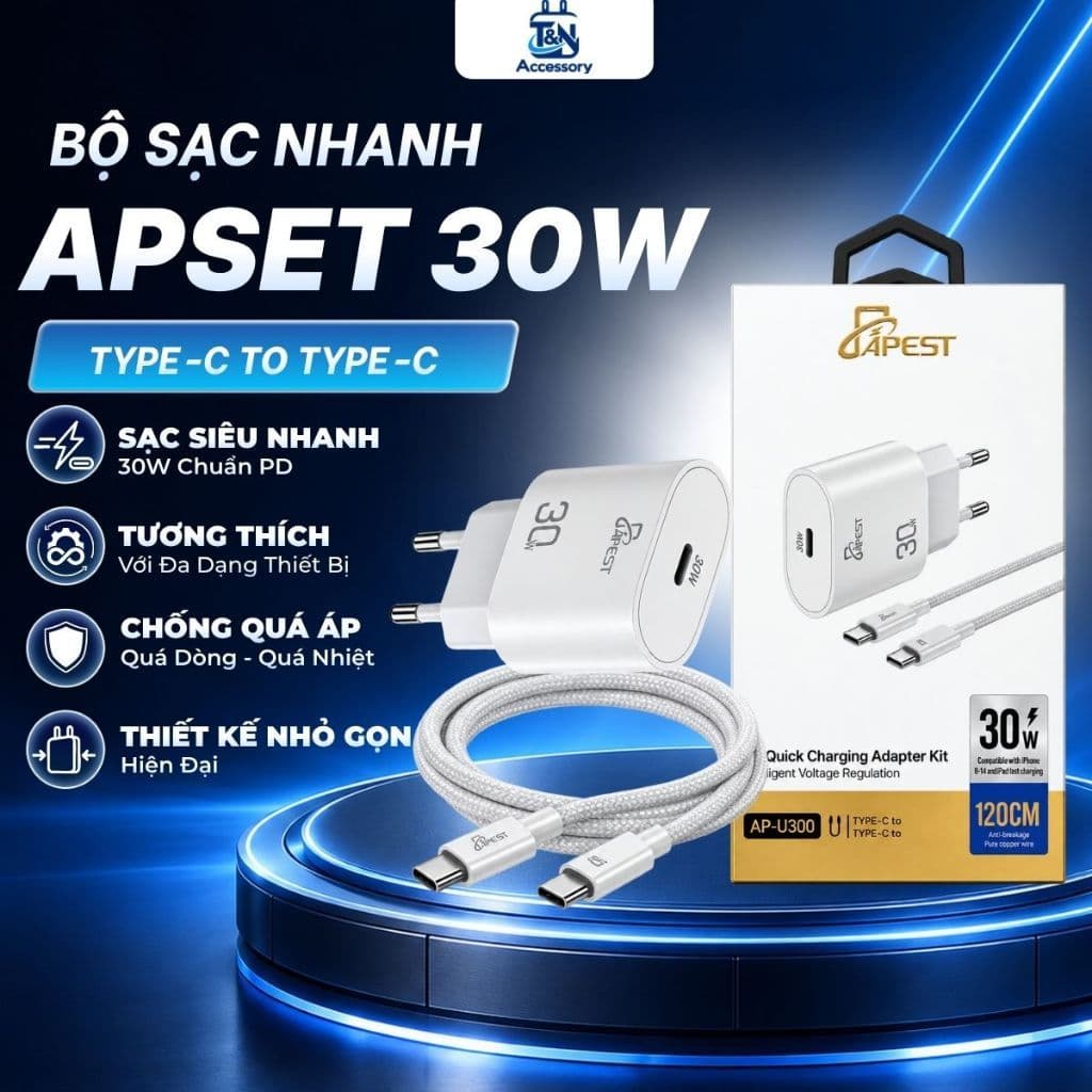 Bộ Sạc Nhanh 30W APEST AP-U300 Type-C to Type-C Sạc Nhanh An Toàn Kèm Cáp Bọc Dù Bảo Hành 12 Tháng