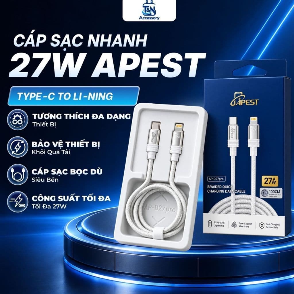 Cáp Sạc Nhanh 27W APEST AP-D27 Type-C to Li-ninq Bọc Dù Cao Cấp Cho IP Bảo Hành 12 Tháng