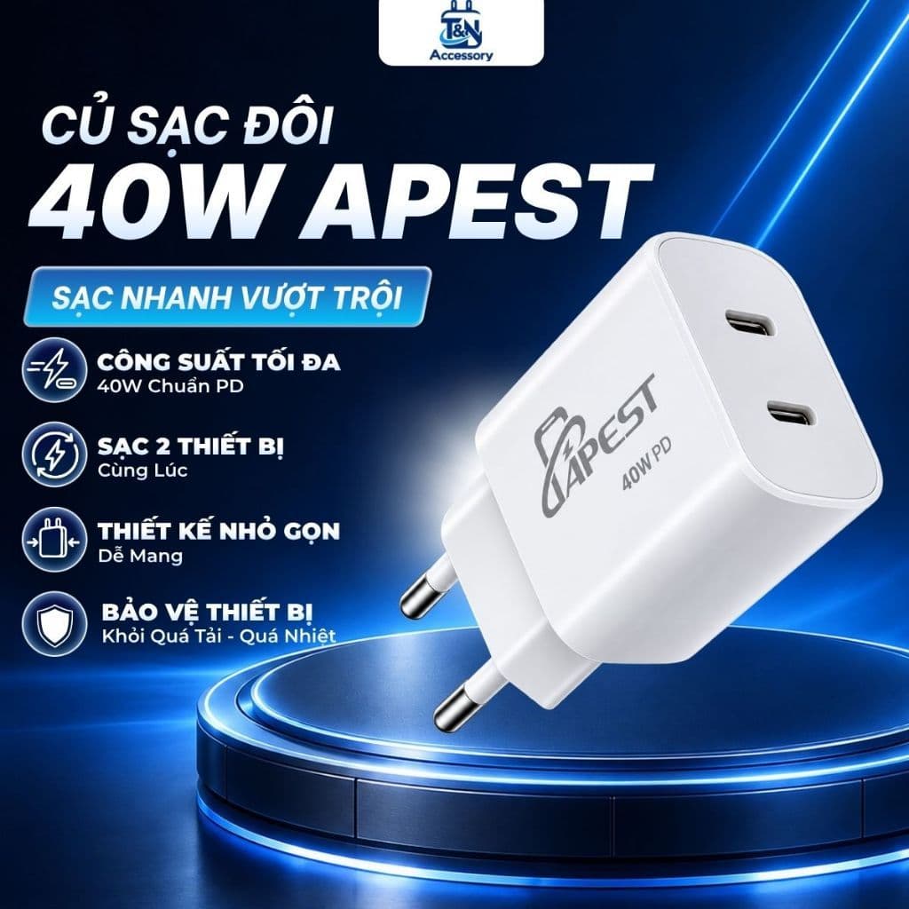 Củ Sạc Đôi 40W APEST AP-B003 Chống Quá Dòng, Quá Áp, Củ Sạc Nhanh 2 Cổng Type C Nhỏ gọn Tiện Lợi Bảo Hành 18 Tháng