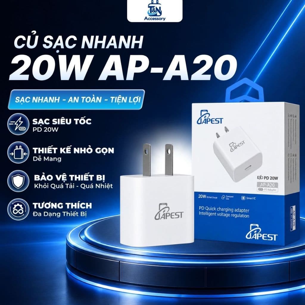 Củ Sạc Nhanh 20W APEST AP-A20 PD Type-C Chuẩn EU Cho IP Và Adroi Bảo Hành 12 Tháng