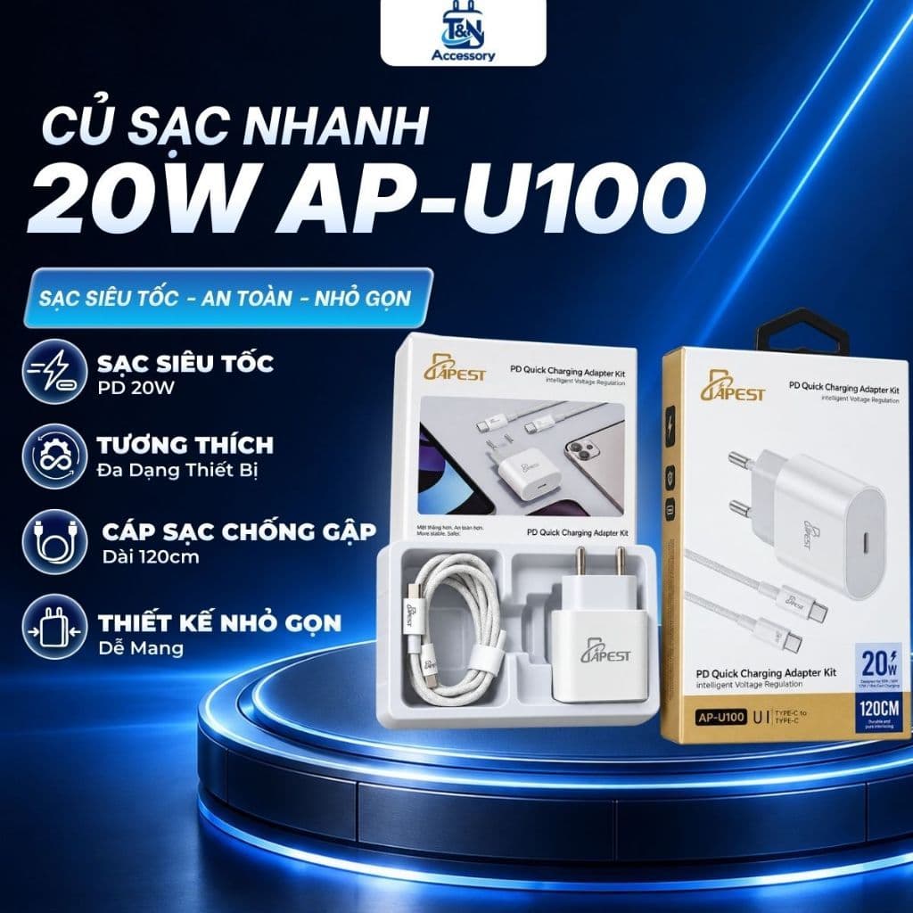 Bộ Sạc Nhanh 20W Apest AP-U100 Củ Sạc Type C Dành Cho IP 15,16,17,18 Và Các Dòng Adroi