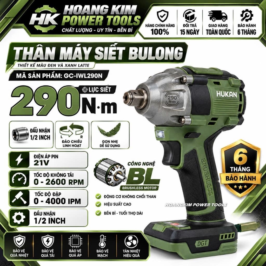 1 Máy Siết Bulong Pin 21V HUKAN GC-IWL290N Lực Siết 290Nm - Không Chổi Than - Đầu 2 Trong 1 Đa Năng