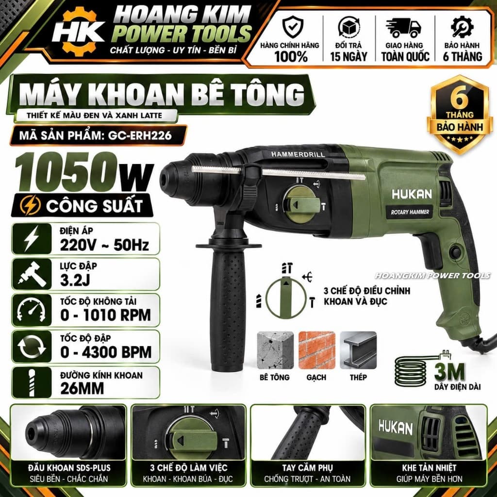 1 Máy Khoan Bê Tông HUKAN GC-ERH226 3 Chức Năng, 1050W Lực Đập 3.2J Mũi 26mm - Dùng Điện 220V