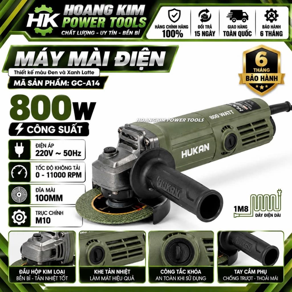 1 Máy mài điện HUKAN GC-A14, Động cơ đồng, 800w, 11000 v/p, Dây điện 1.8m, Công tắc đuôi