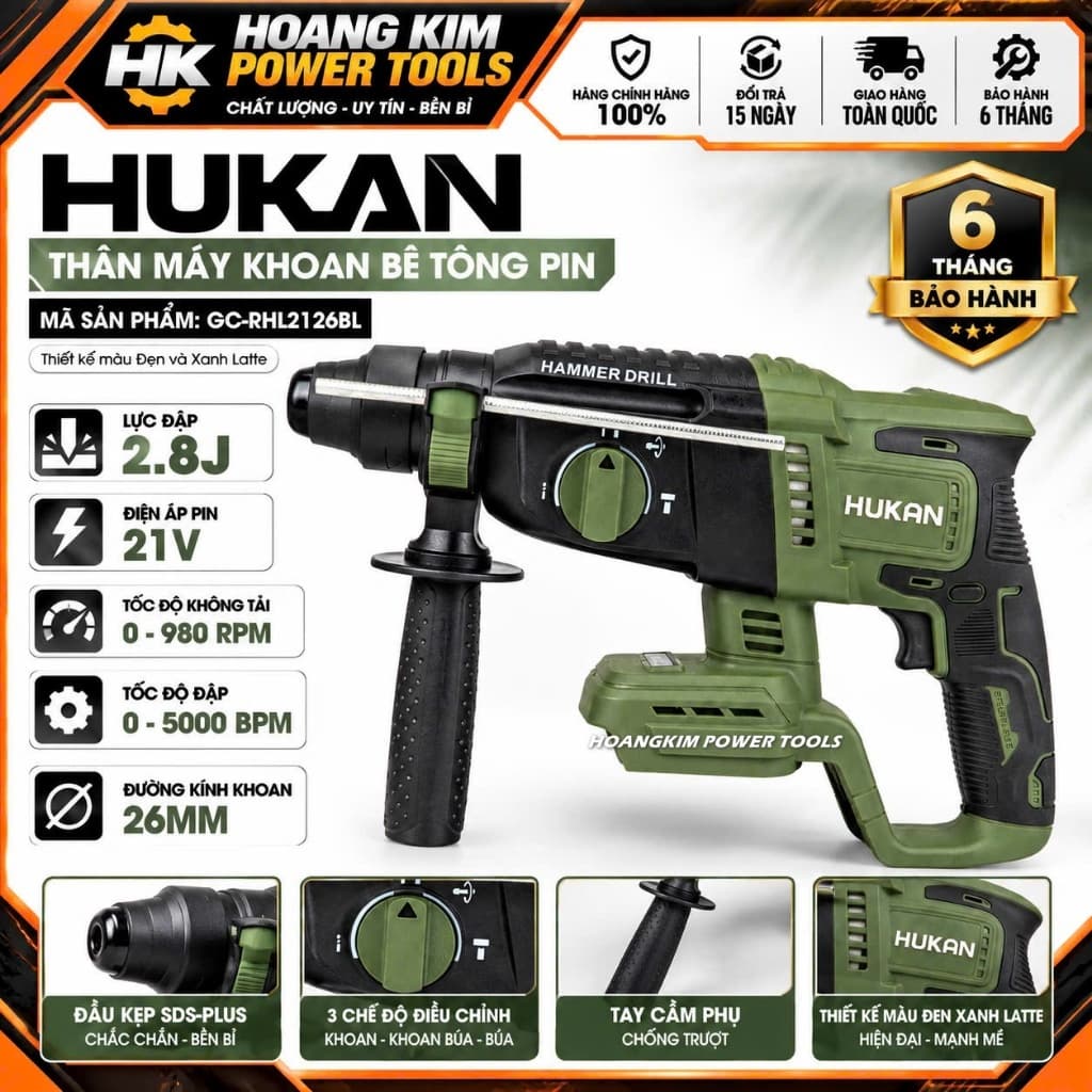 Máy khoan đục bê tông pin HUKAN GC-RHL2126BL, Không chổi than, 3 chức năng, 2.8J, Mũi SDS PLUS