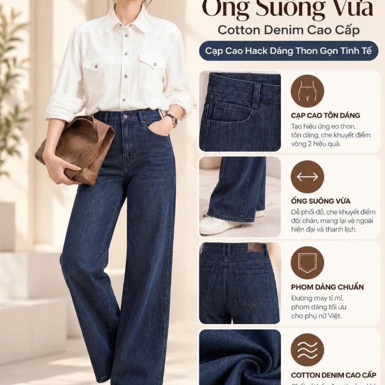 9325 - Quần Jean Nữ Ống Suông Vừa Cotton Denim Cao Cấp - Cạp Cao Hack Dáng Thon Gọn Tinh Tế