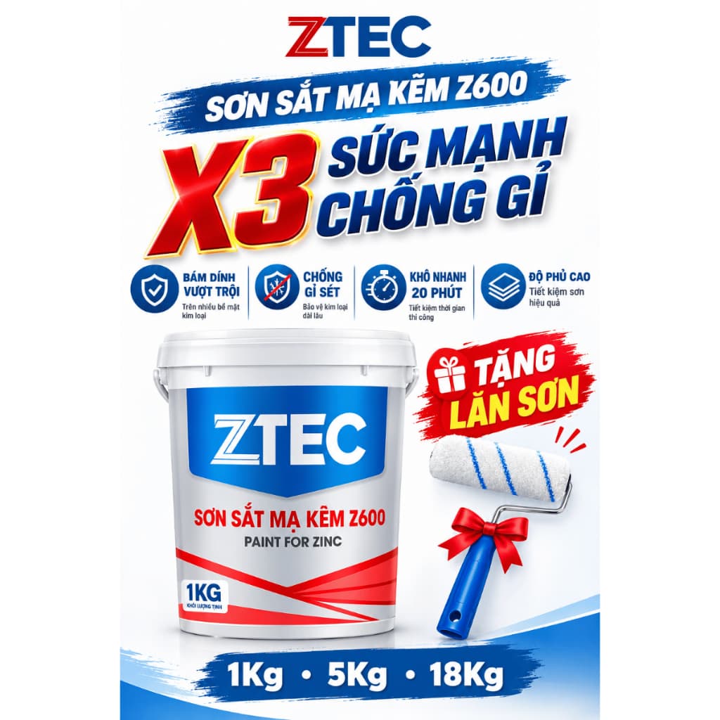 [HÀNG CHÍNH HÃNG] Sơn Chống Rỉ Sắt Thép, Kim Loại, Tôn – Bảo Vệ Chống Ăn Mòn, Tăng Độ Bền Bề Mặt ZTEC Z600