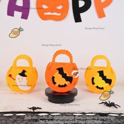 Giỏ Đựng Kẹo Halloween Túi Vải Nỉ Hình Bí Ngô Con Ma Phù Thủy Dơi Có Quai Xách Dành Cho Bé 3