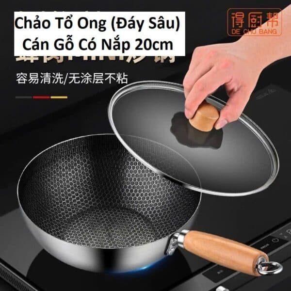 Chảo Tổ Ong (Đáy Sâu) Cán Gỗ Có Nắp 20cm và 32cm/ (Đáy Bằng) 28cm/ 2 Quai/ Lồng Sâu 18cm. LM