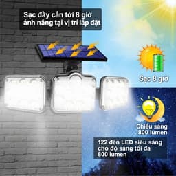 Đèn Năng Lượng Mặt Trời 3 Đầu 122 LED, Đèn Cảm Biến Chuyển Động Ngoài Trời Chống Nước, Chiếu Sáng Sân Vườn 5