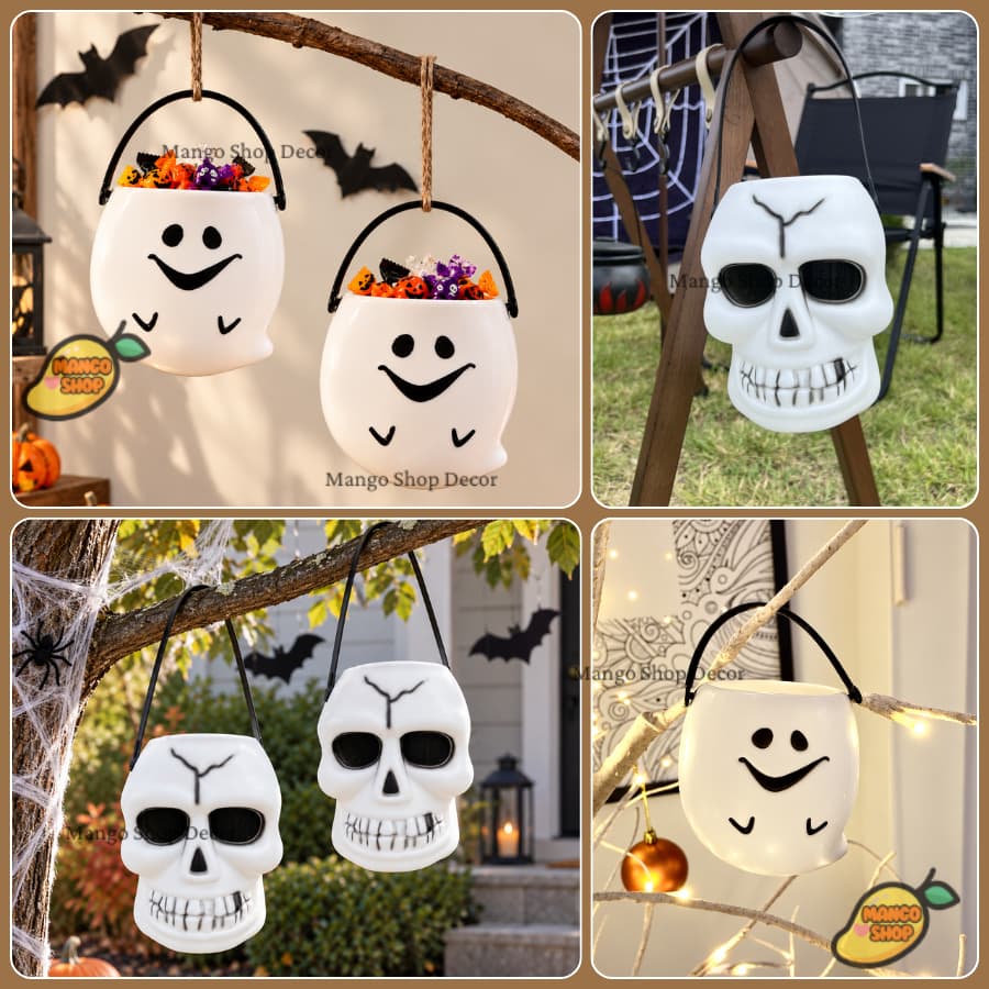Giỏ Nhựa Hình Con Ma Đầu Lâu Đựng Kẹo Cho Bé Trang Trí Lễ Hội Tiệc Hóa Trang Halloween