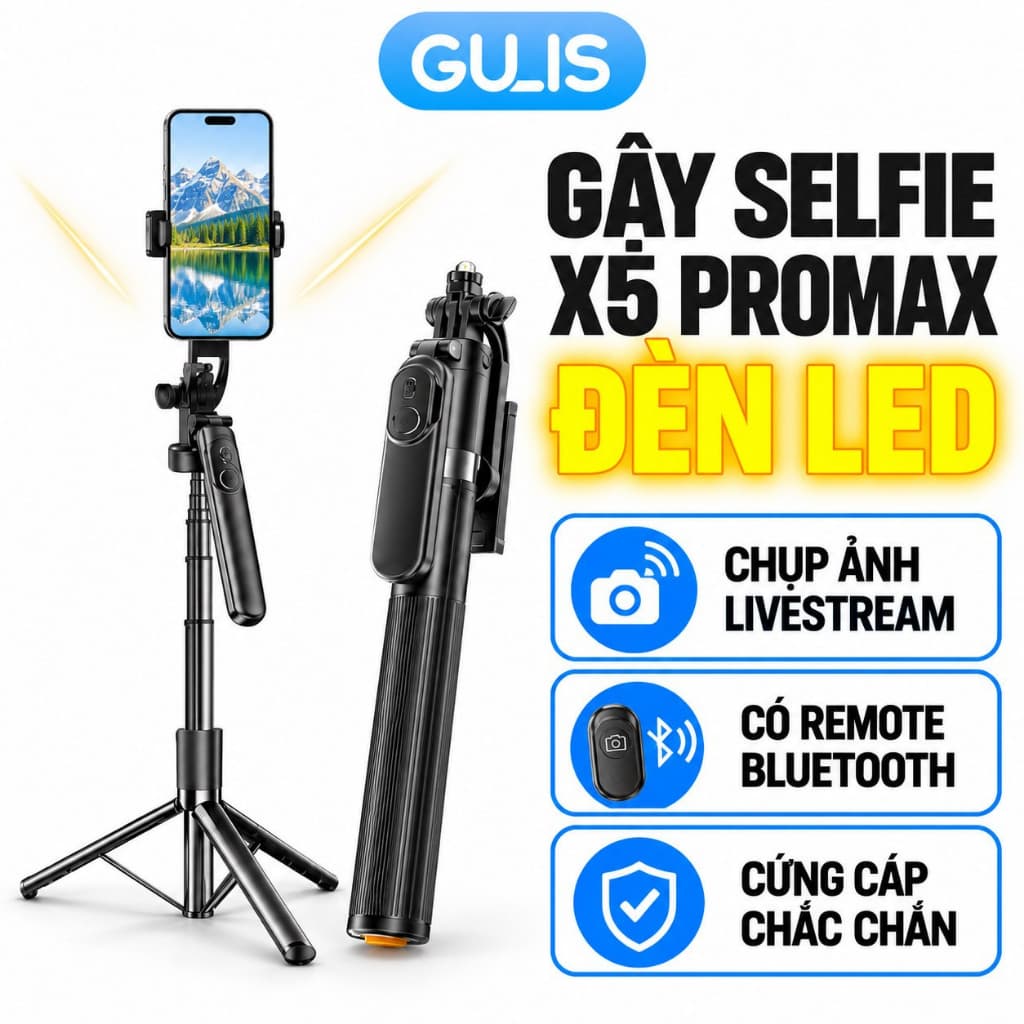 Gậy chụp ảnh X5 Pro Max kéo dài 1M83 đa năng cao cấp, Gậy chụp ảnh 3 chân có điều khiển, Tripod điện thoại - GULIS