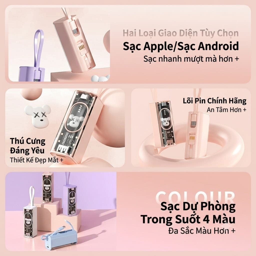 Pin Sạc Dự Phòng Mini Cute Tích Hợp Dây Cáp Sạc Nhanh - Cục Sạc Dự Phòng Trong Suốt  Cho iPhone / Adroid (S02)