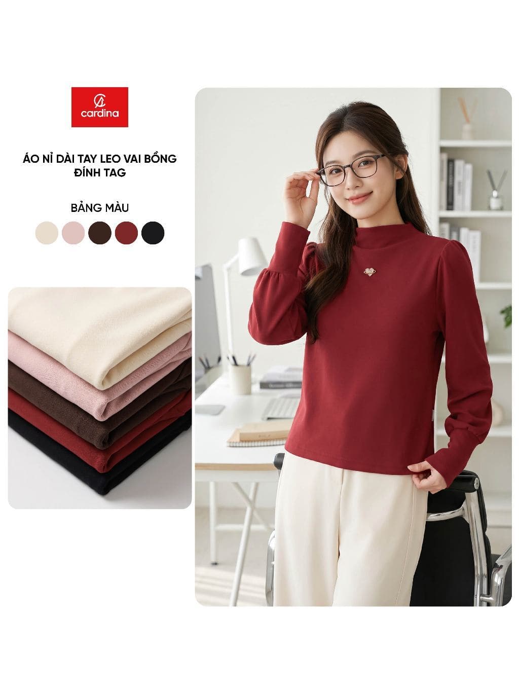 Áo nỉ nữ CARDINA dài tay cổ leo vai bồng đính tag 6ANF06