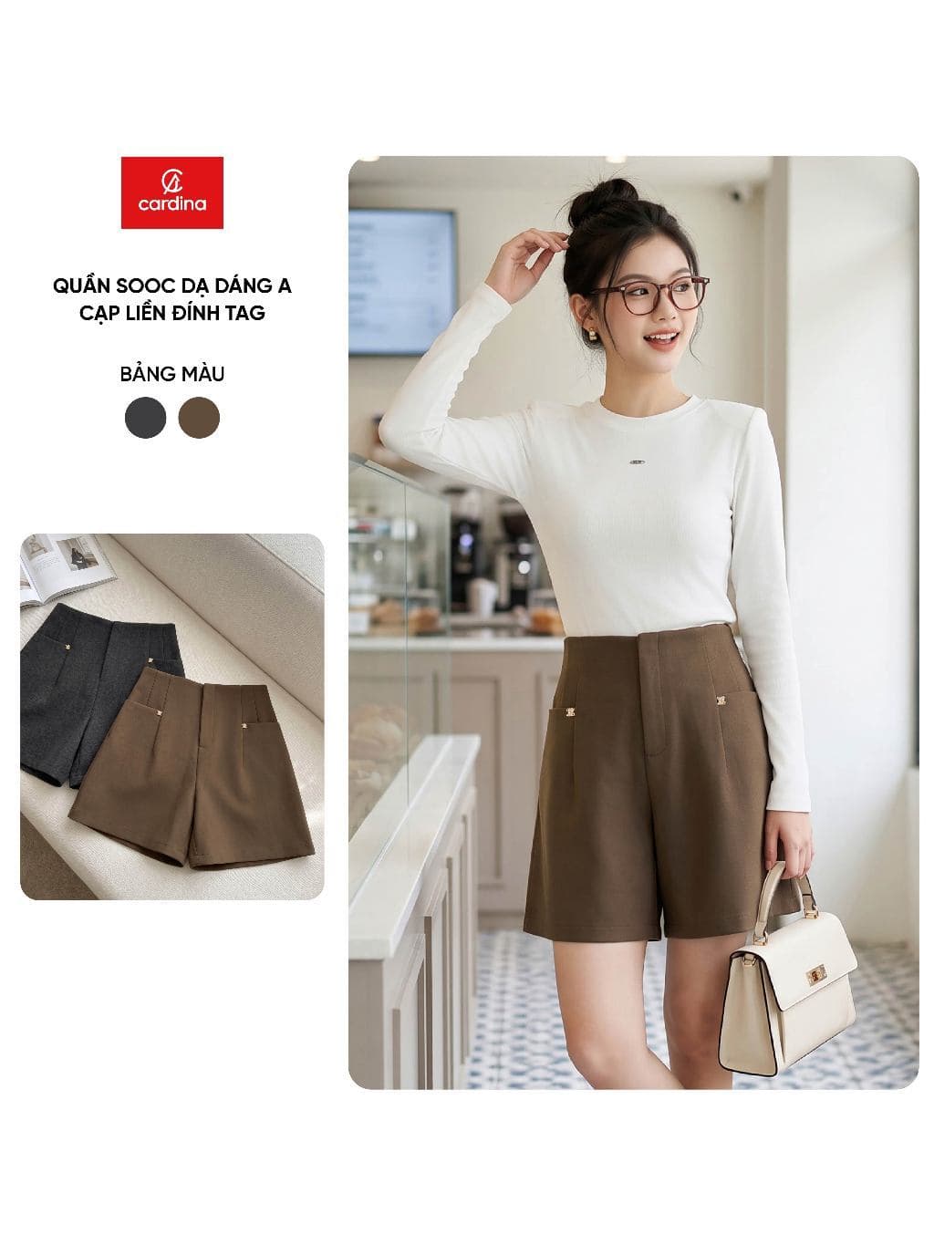 Quần sooc nữ CARDINA chất liệu dạ dáng A cạp liền đính tag  6QSA32
