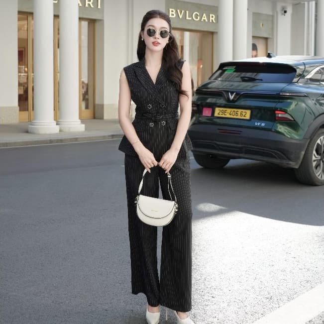 Set Vest Gile Sát Nách Kẻ Sọc HB.CLOSET Cùng Quần Ống Rông Peplum Phối Đai Lưng Thanh Lịch Công Sở S239