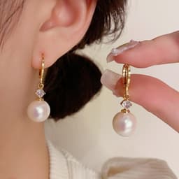 Bông Tai Ngọc Trai Giọt Tròn Đính Đá Lấp Lánh Mạ Vàng, Khuyên Tai Nữ Dáng Rủ Thanh Lịch Sang Trọng Phong Cách Hàn Quốc C 1