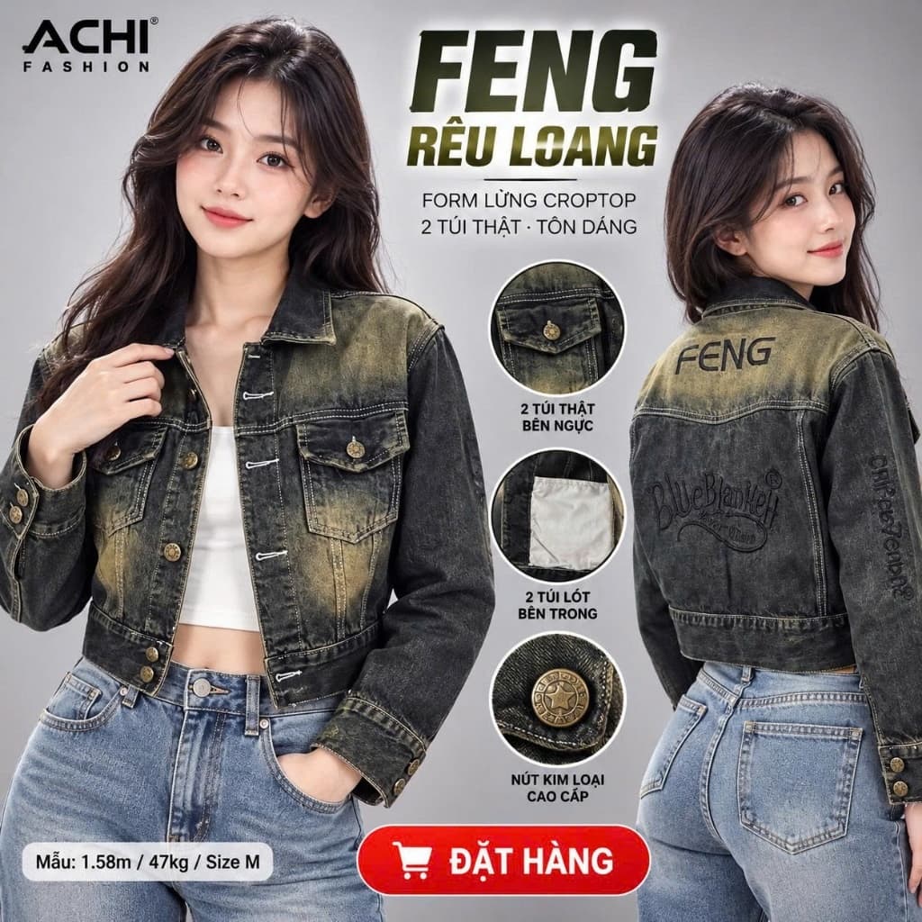 Áo Khoác Jean Nữ FENG — Form Lửng Croptop Tôn Dáng, 3 Màu Rêu Loang/Xám/Xanh, Size M-L-XL (40-70kg)