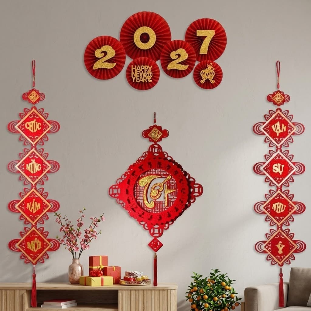 🧧 [TẶNG KÈM MÓC TREO] Combo Trang Trí Tết 2027 Trọn Bộ Quạt Giấy Câu Đối Khánh Chữ 3D Phông Nền Siêu Đẹp 📸 T574