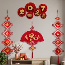 🧧 [TẶNG KÈM MÓC TREO] Combo Trang Trí Tết 2027 Trọn Bộ Quạt Giấy Câu Đối Khánh Chữ 3D Phông Nền Siêu Đẹp 📸 T574 5