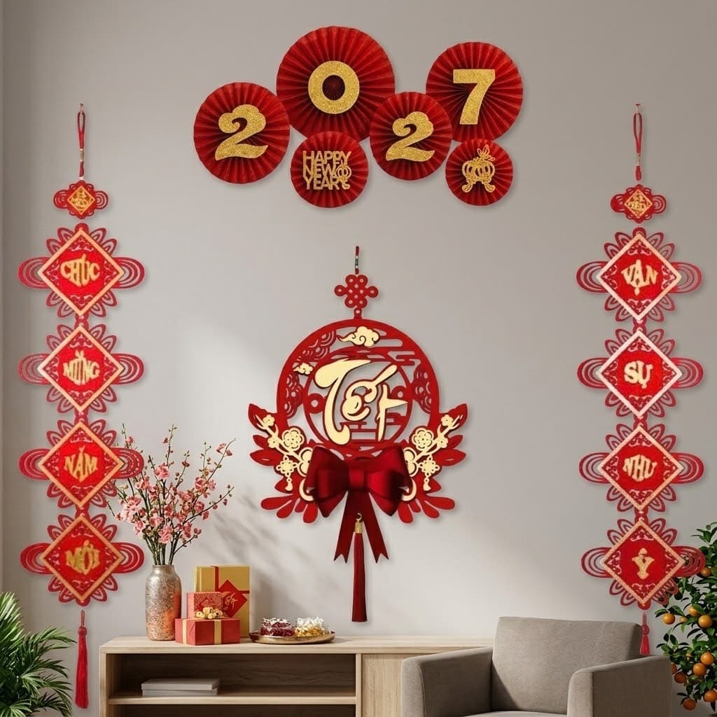 (tặng kèm móc) Combo trang trí Tết 2027 - bao gồm 2 dải treo tròn câu đối, set 6 quạt 2027, khánh tròn chữ Thư pháp T575