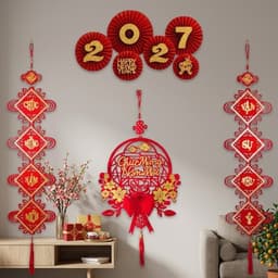 (tặng kèm móc) Combo trang trí Tết 2027 - bao gồm 2 dải treo tròn câu đối, set 6 quạt 2027, khánh tròn chữ Thư pháp T575 2