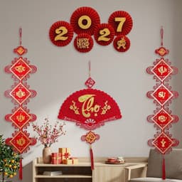 🧧 [TẶNG KÈM MÓC TREO] Combo Trang Trí Tết 2027 Trọn Bộ Quạt Giấy Câu Đối Khánh Chữ 3D Phông Nền Siêu Đẹp 📸 T574 2