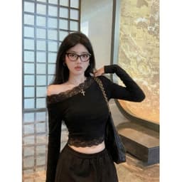Áo thun kiểu nữ lệch vai tay dài viền ren mùa đông ấm, Áo lệch vai nữ phối ren chất thun tăm mịn ôm body tôn dáng RY44 3