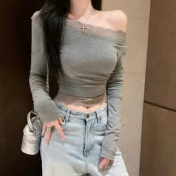 Áo thun kiểu nữ lệch vai tay dài viền ren mùa đông ấm, Áo lệch vai nữ phối ren chất thun tăm mịn ôm body tôn dáng RY44 7