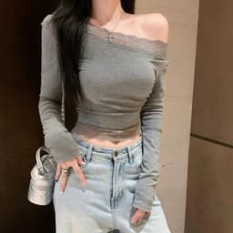 Áo thun kiểu nữ lệch vai tay dài viền ren mùa đông ấm, Áo lệch vai nữ phối ren chất thun tăm mịn ôm body tôn dáng RY44 2