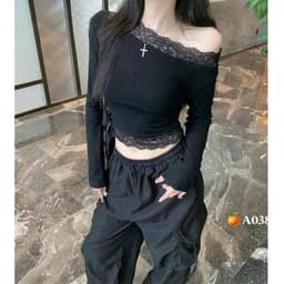 Áo thun kiểu nữ lệch vai tay dài viền ren mùa đông ấm, Áo lệch vai nữ phối ren chất thun tăm mịn ôm body tôn dáng RY44 9