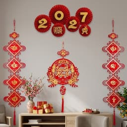 (tặng kèm móc) Combo trang trí Tết 2027 - bao gồm 2 dải treo tròn câu đối, set 6 quạt 2027, khánh tròn chữ Thư pháp T575 3