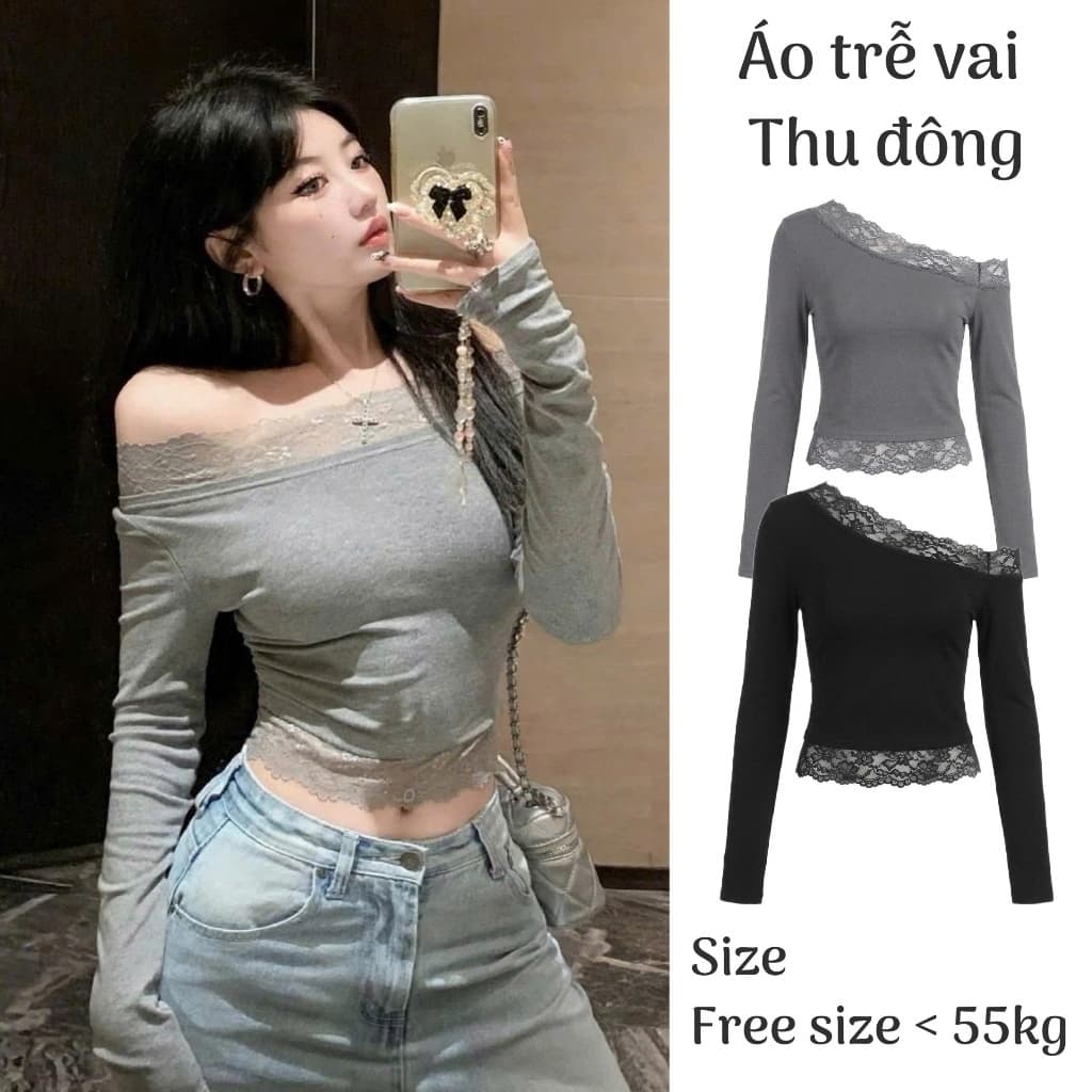 Áo thun kiểu nữ lệch vai tay dài viền ren mùa đông ấm, Áo lệch vai nữ phối ren chất thun tăm mịn ôm body tôn dáng RY44