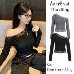Áo lệch vai phối ren tay dài style thu đông, Áo trễ vai tay dài ôm body tôn dáng BYN BYN  RY44 1