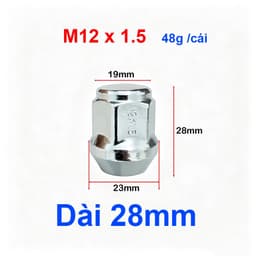 ốc lốp bánh xe ô tô M12 ren 1.5 dài 28mm cho xe hơi có thông số bu lông lốp là M12x1.5 (đảm bảo cơ khí chính xác ) 1