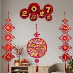 (tặng kèm móc) Combo trang trí Tết 2027 - bao gồm 2 dải treo tròn câu đối, set 6 quạt 2027, khánh tròn chữ Thư pháp T575 4
