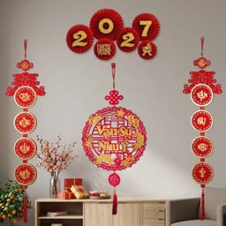 (tặng kèm móc) Combo trang trí Tết 2027 - bao gồm 2 dải treo tròn câu đối, set 6 quạt 2027, khánh tròn chữ Thư pháp T575 8
