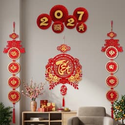 (tặng kèm móc) Combo trang trí Tết 2027 - bao gồm 2 dải treo tròn câu đối, set 6 quạt 2027, khánh tròn chữ Thư pháp T575 5