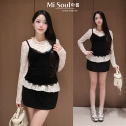 Set Áo Hai Dây Nhung Viền Ren Phối Áo Ren Cổ Tròn Nữ Tính, Áo Nhung Mềm Một Lớp Thu Đông 6
