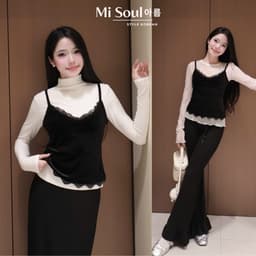 Set Áo Hai Dây Nhung Viền Ren Phối Áo Ren Cổ Tròn Nữ Tính, Áo Nhung Mềm Một Lớp Thu Đông 8