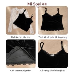 Set Áo Hai Dây Nhung Viền Ren Phối Áo Ren Cổ Tròn Nữ Tính, Áo Nhung Mềm Một Lớp Thu Đông 9