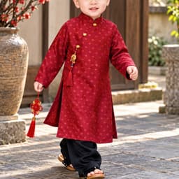 Áo dài bé trai 2 màu đỏ xanh + vải lụa cao cấp mềm mại - đứng dáng - nam tính cho bé mặc lễ tết - tặng kèm charm 4